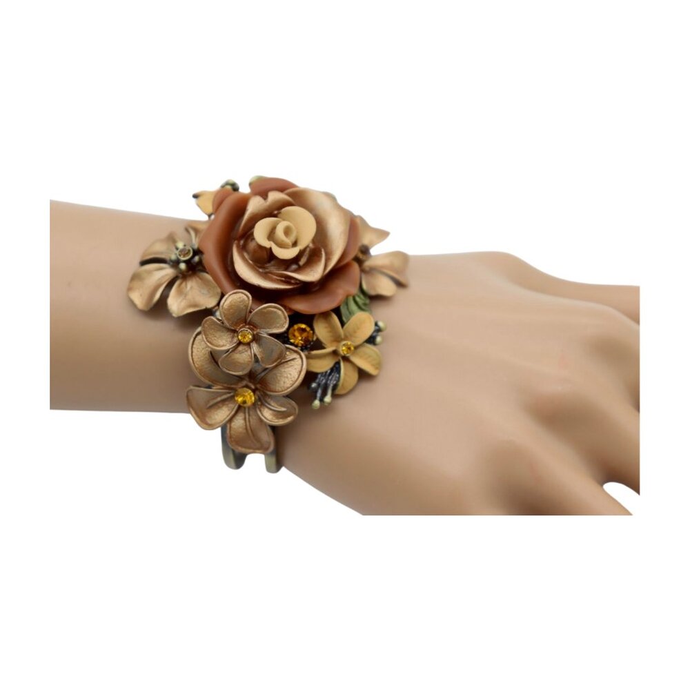 New Women Gold Metal Beige Brown Rose Flowers Wrist Cuff Bracelet Fashion Sexy